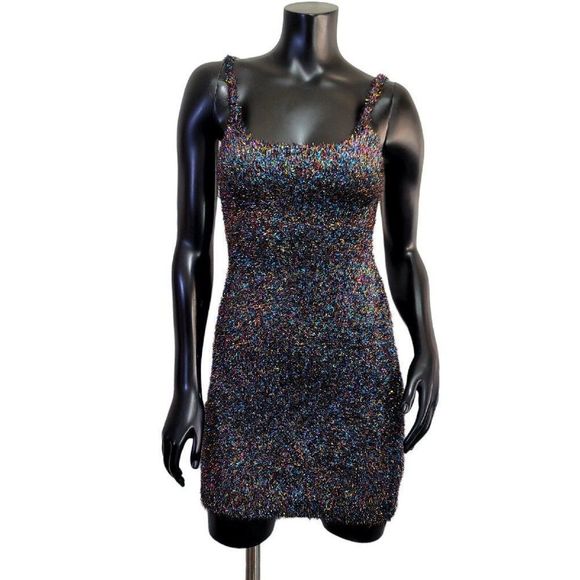 Rehab Brand Womens S Colorful Tinsel Fuzzy Bodycon Mini Cocktail Dress - Picture 1 of 10